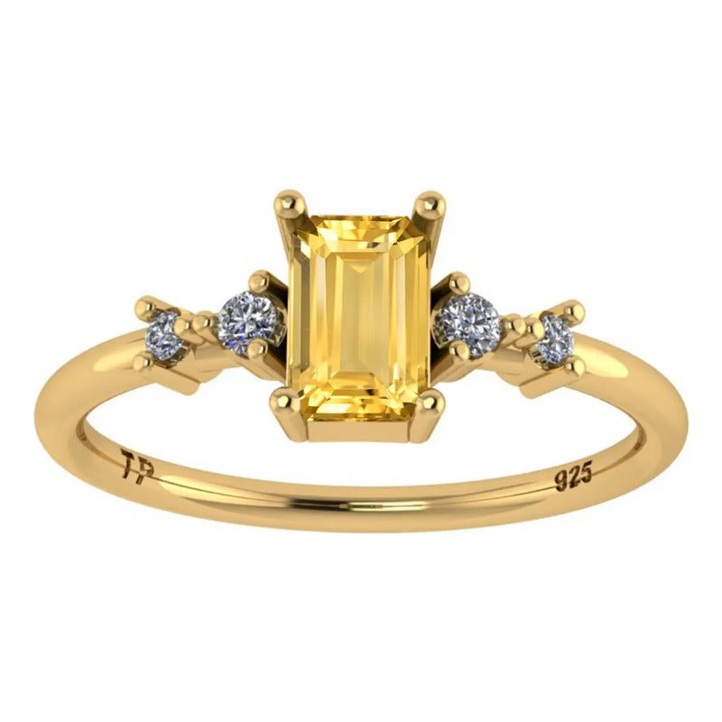 Anel Viena Retangular Prata 925 Dourada 18k - Citrino