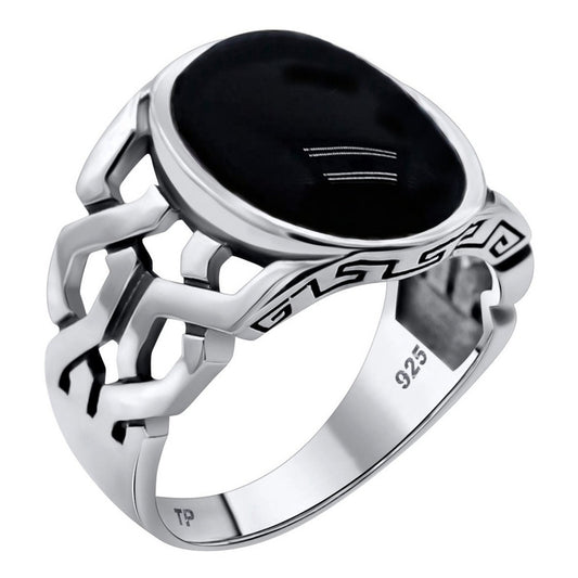 Anel Oval Masculino Black Ônix Elos Esculpido Prata 925
