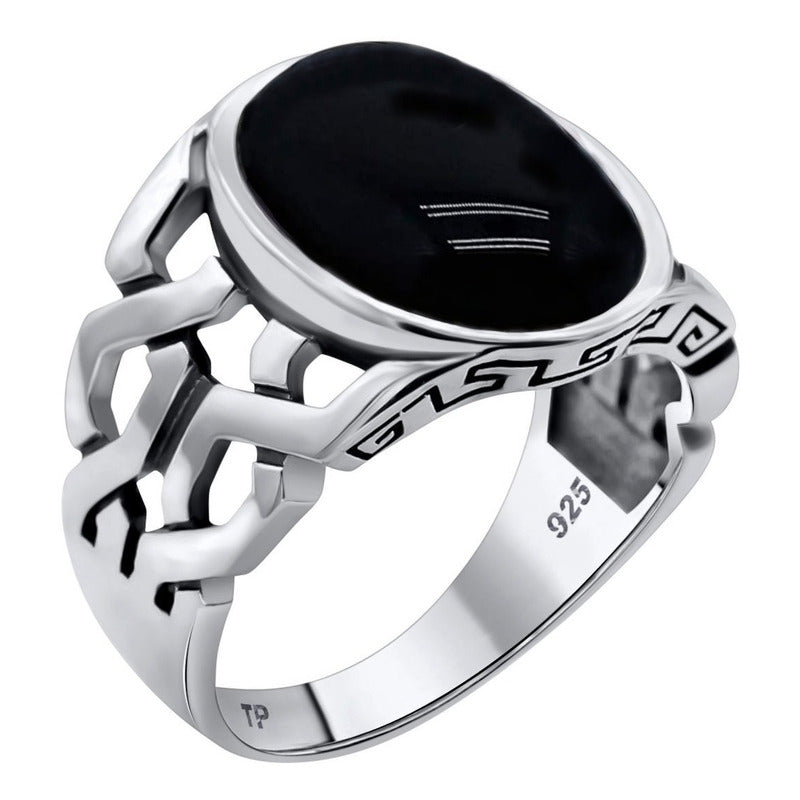 Anel Oval Masculino Black Ônix Elos Esculpido Prata 925