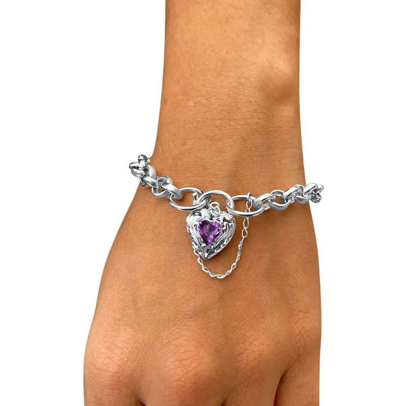 Pulseira Prata 925 Elo Português Ametista- Fecho Coração