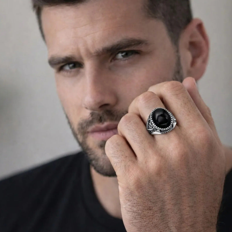 Anel Masculino De Prata 925 Oval Black Onix - Exclusivo