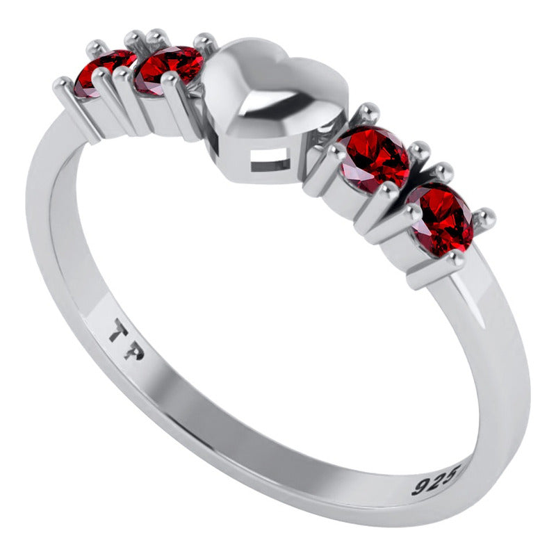 Solid Heart Ring In Pure 925 Silver - Garnet